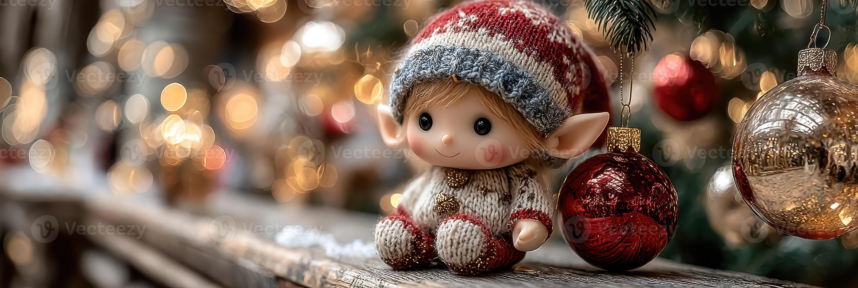 Brightly colored elf doll sits cheerfully near Christmas ornaments on a wooden ledge at a festive holiday market photo