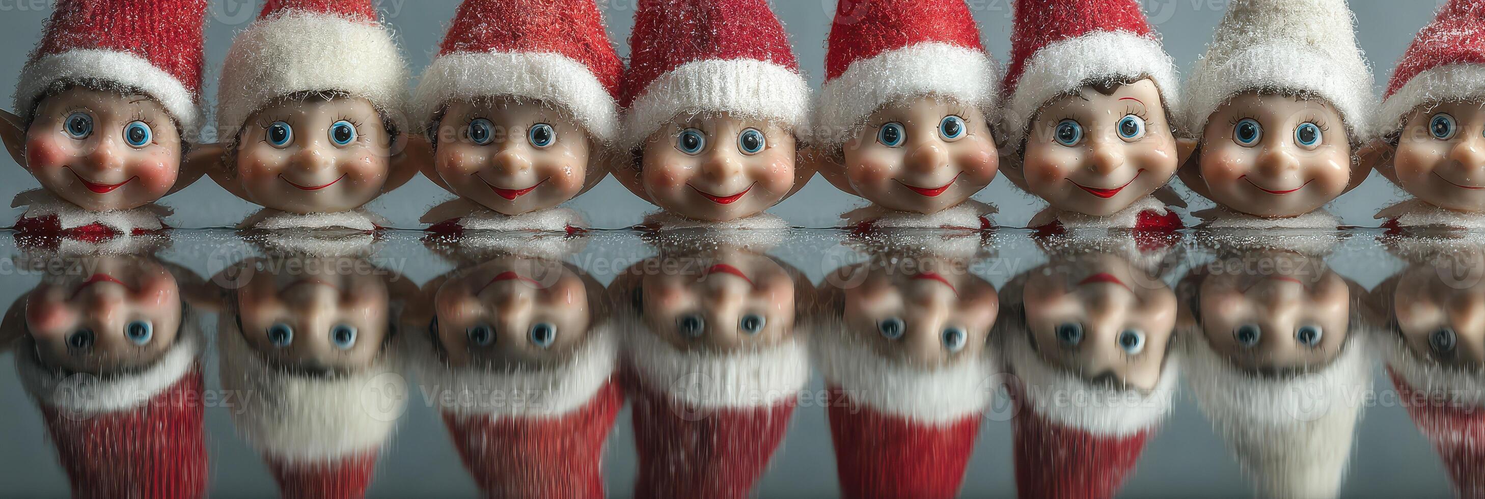 Christmas-themed display featuring smiling elf dolls wearing Santa hats reflecting on a shiny surface photo