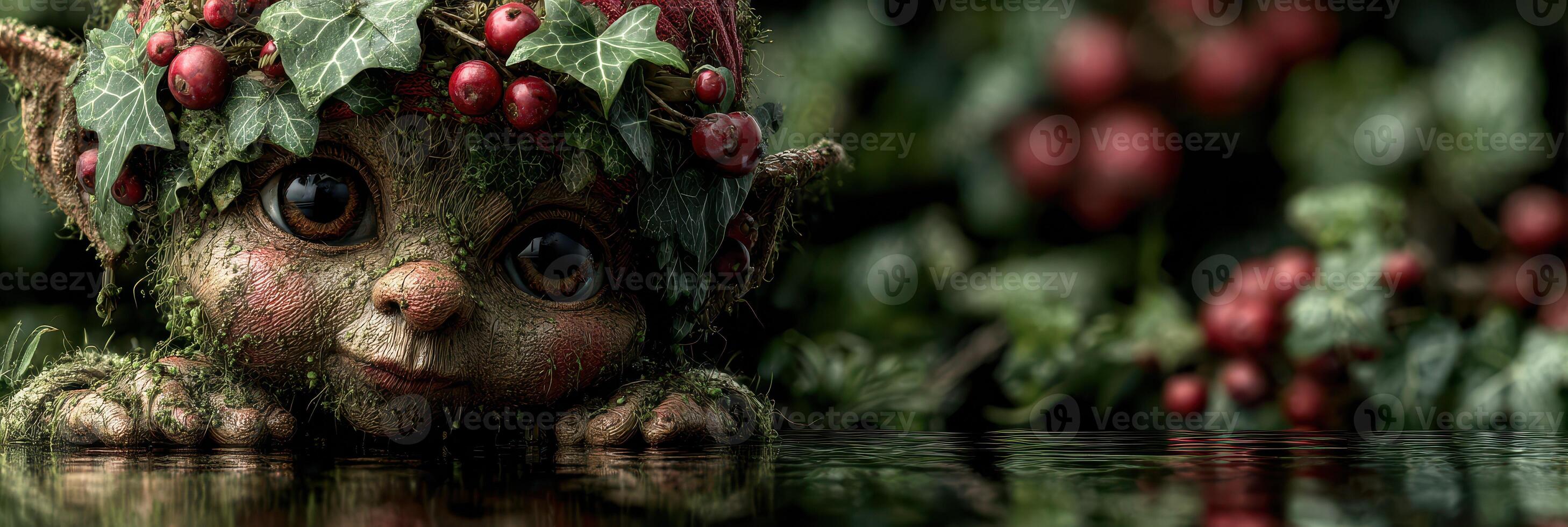 Mysterious creature with ivy crown resting by water in a lush forest during twilight photo
