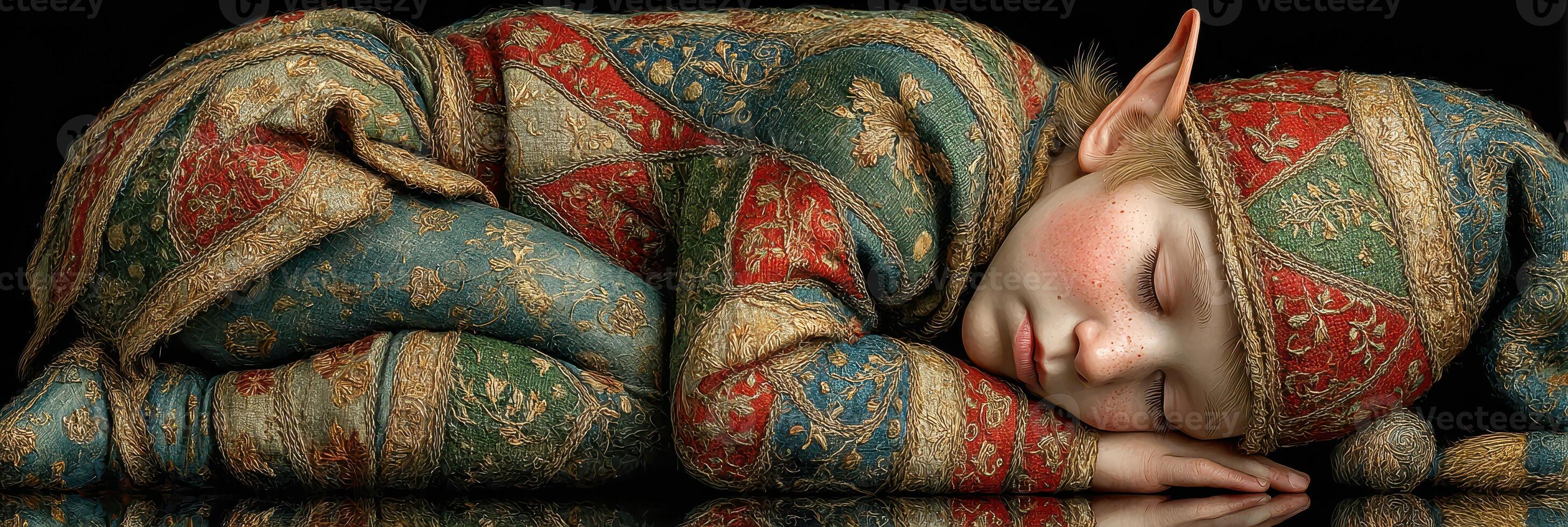 Sleeping child in colorful elf costume resting peacefully on a dark surface photo