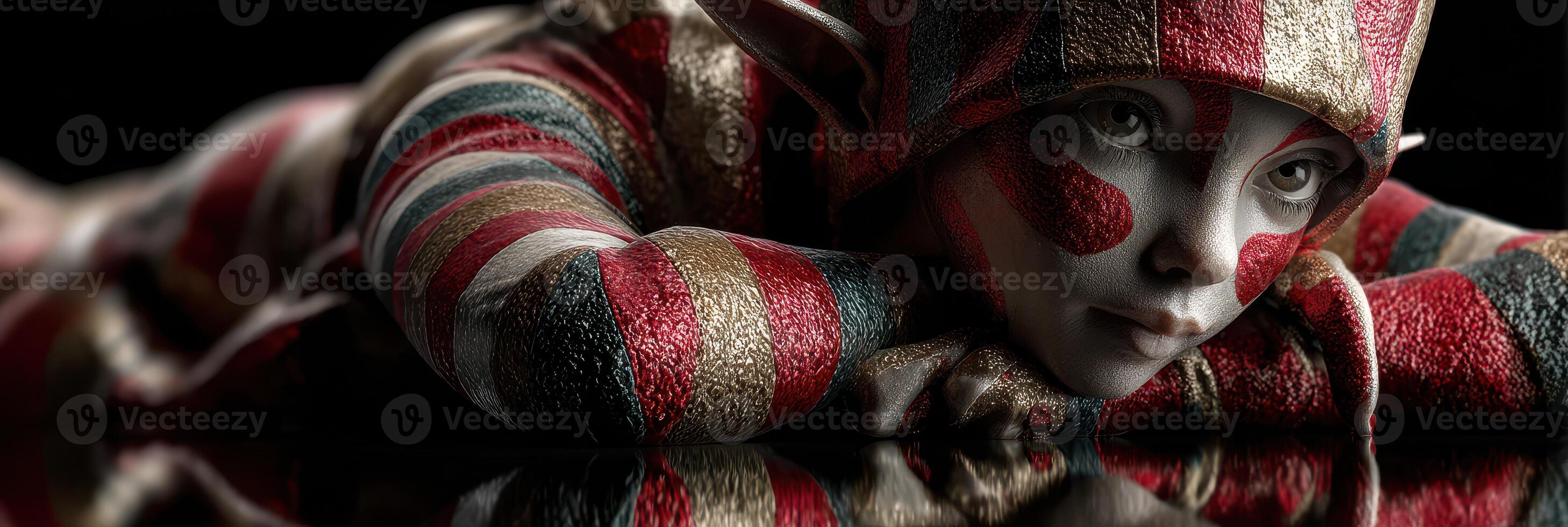 Mysterious character with striped costume lies on a reflective surface, creating a captivating atmosphere in a surreal setting photo