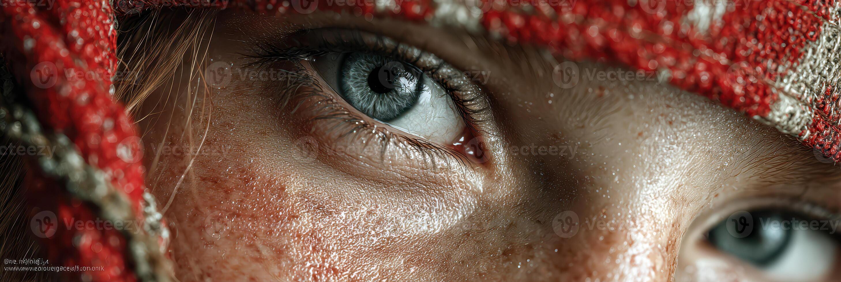 Close-up of a person's eye showcasing vivid blue iris and freckles, captured in a winter setting with a red and white knitted cap photo