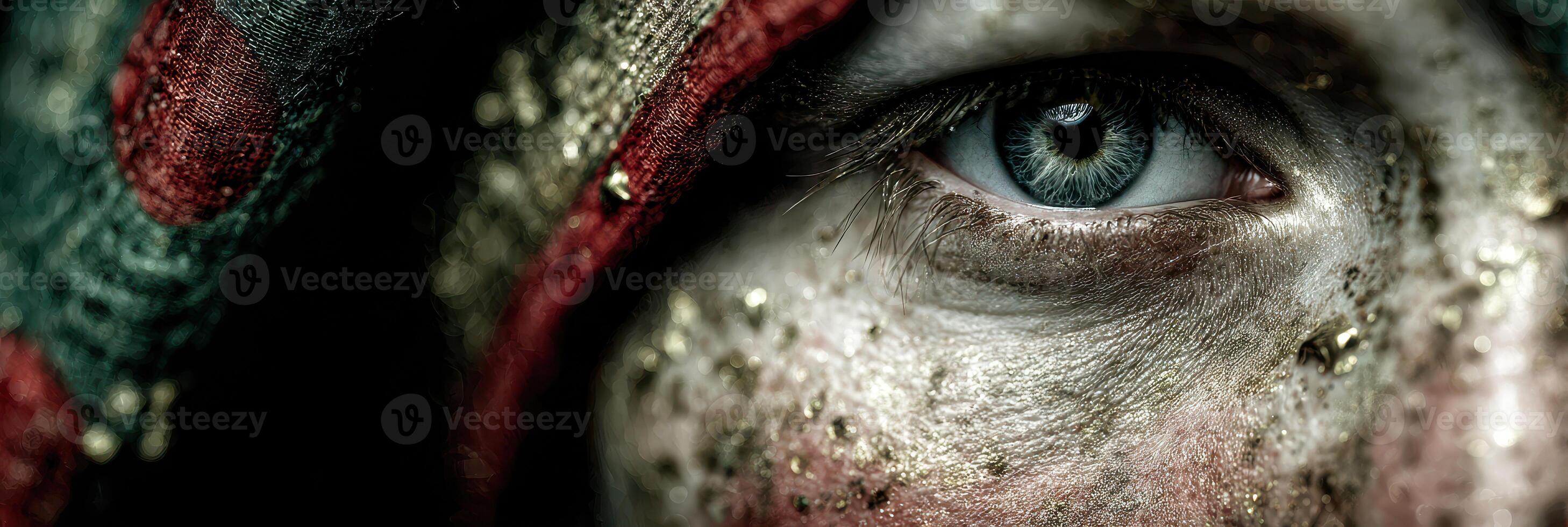 Detailed close-up of an adorned eye reflecting emotions during a cultural celebration in a vibrant setting photo
