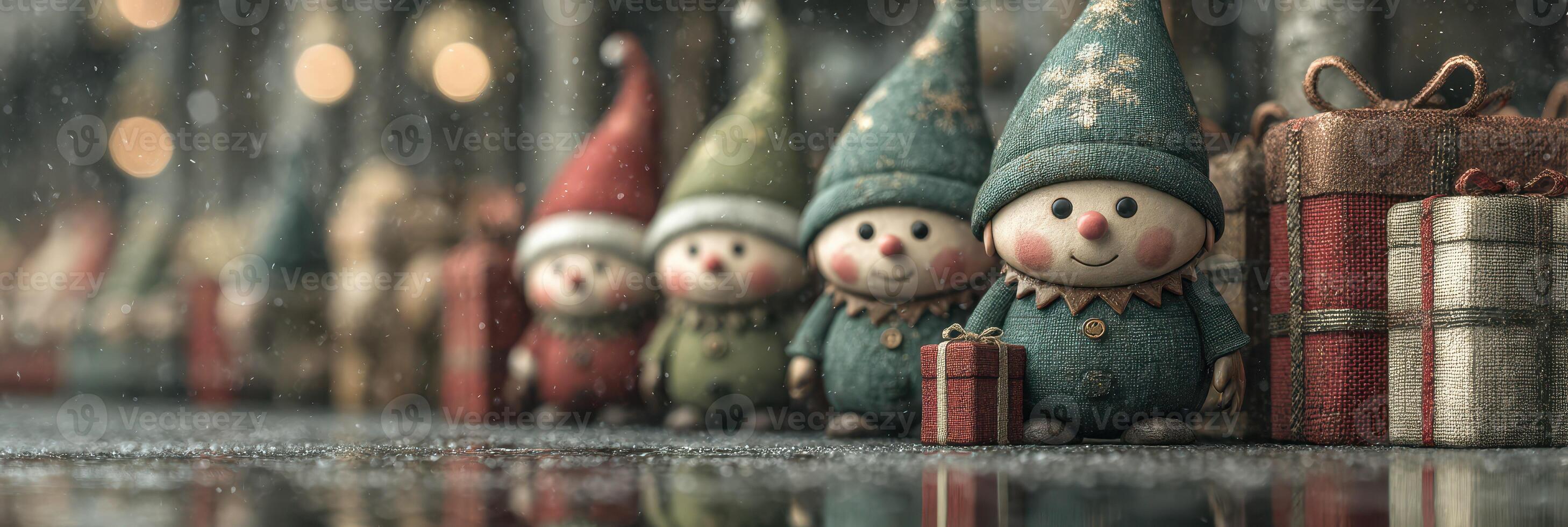 Festive holiday decorations featuring smiling elf figurines and colorful gifts in a charming winter setting photo