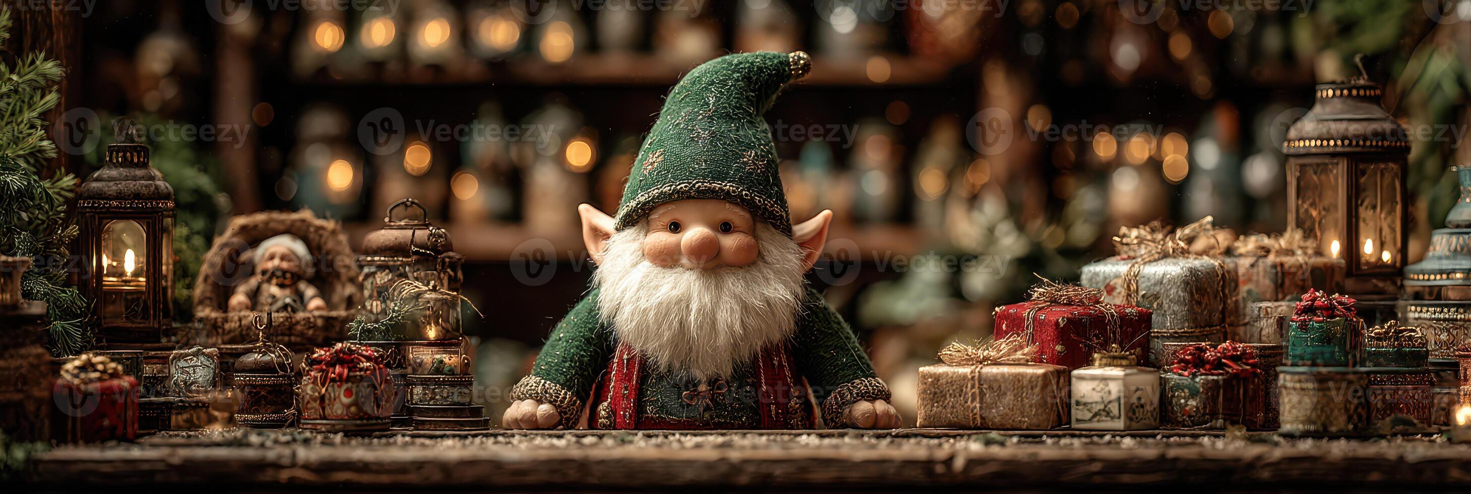 Festive gnome decorates wooden table with vintage gifts and lanterns in cozy holiday setting photo