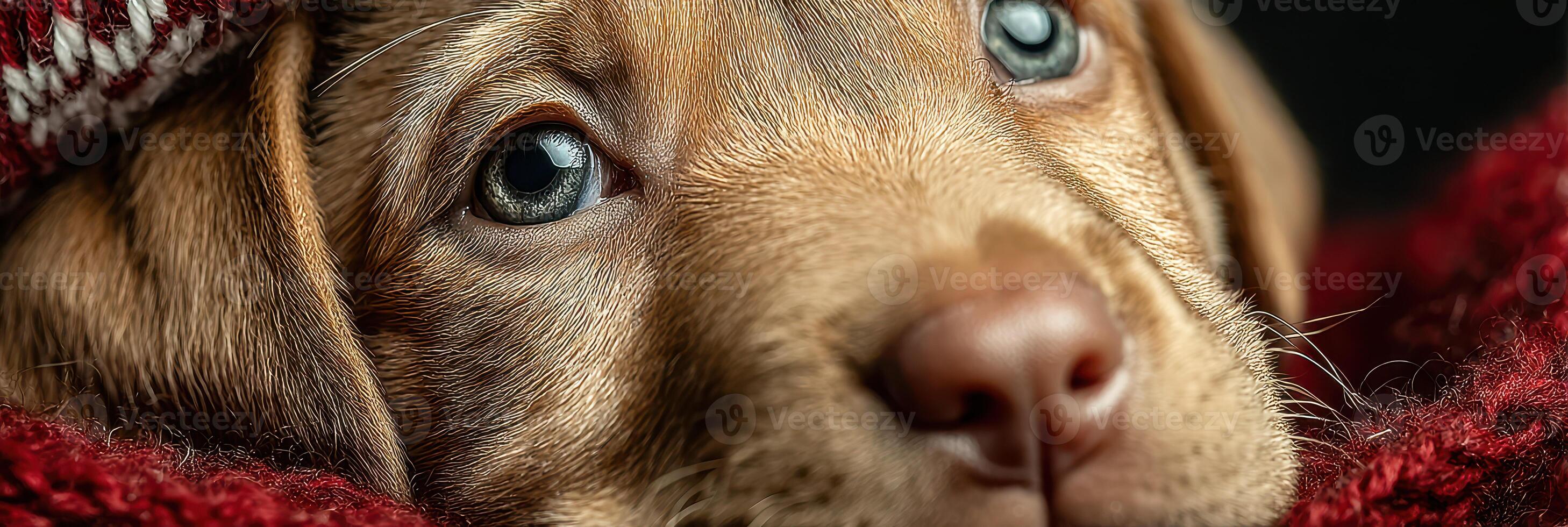 Cute puppy resting in warm blanket with beautiful blue eyes and gentle expression at home during winter afternoon photo