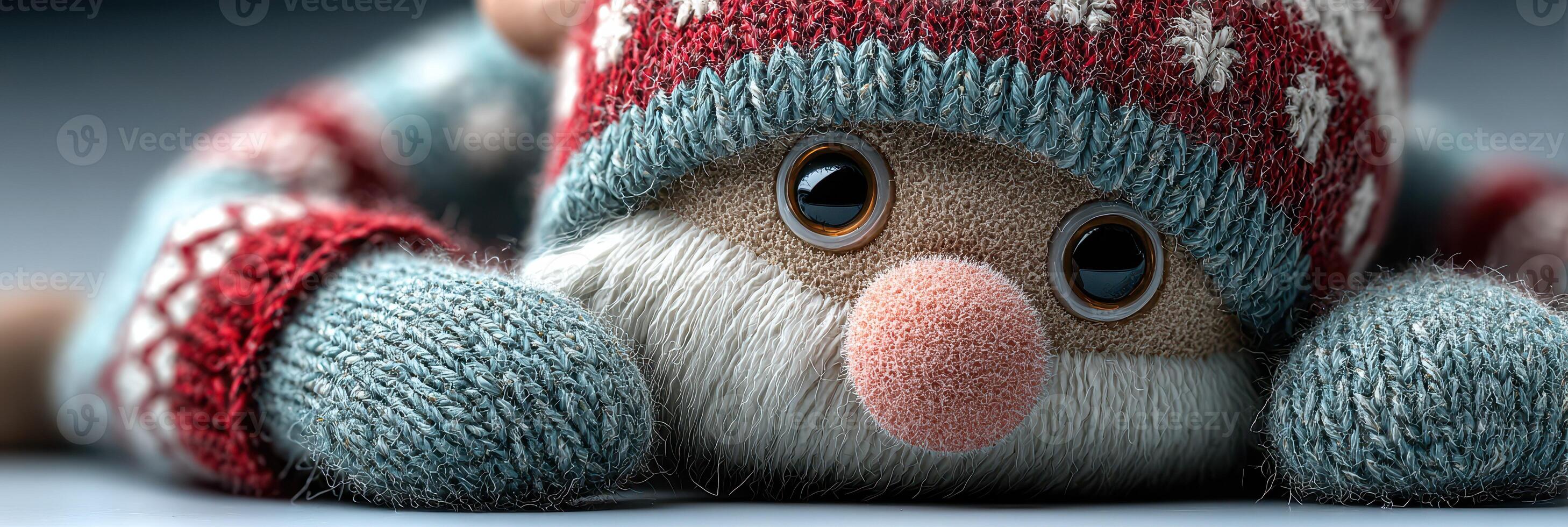 Cute knitted toy gnome lying on a soft surface, showcasing detailed craftsmanship and cozy design elements during winter season photo