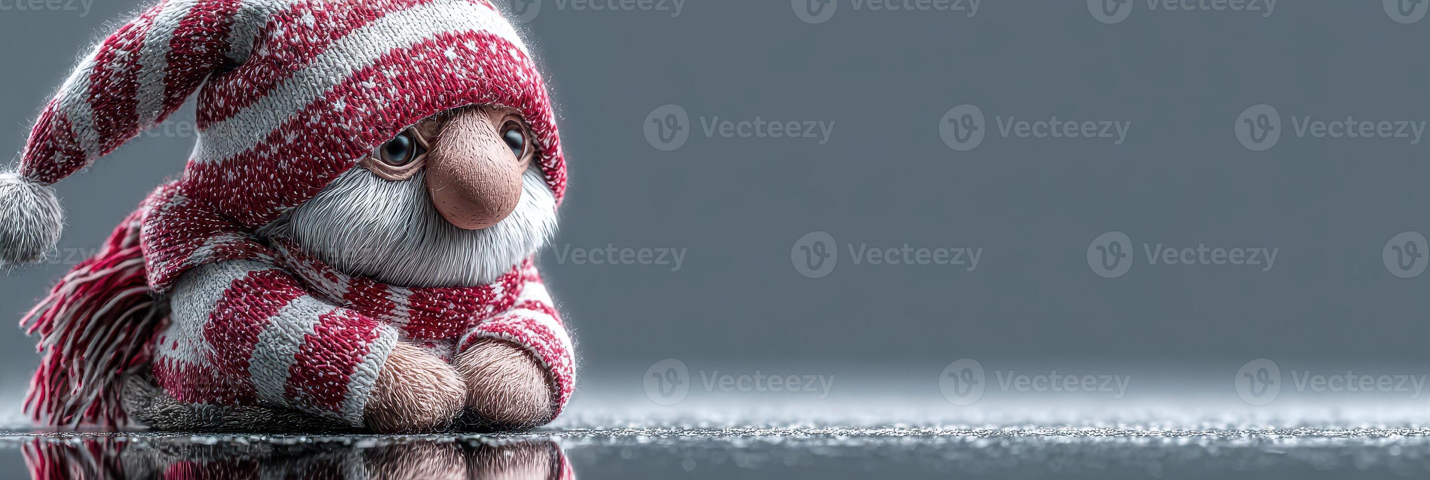 Charming gnome in a red and white striped hat relaxing on a winter day indoors photo