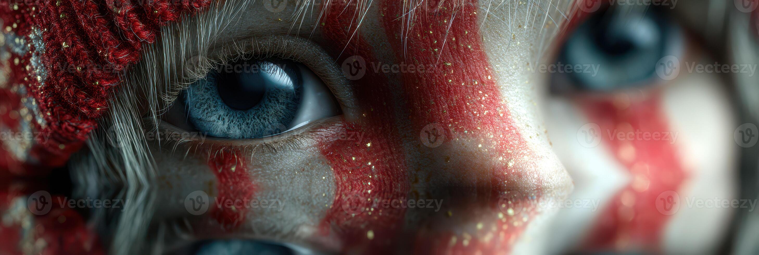 Intricate close-up of a doll with striking blue eyes and red paint patterns on its face set against a blurred background photo