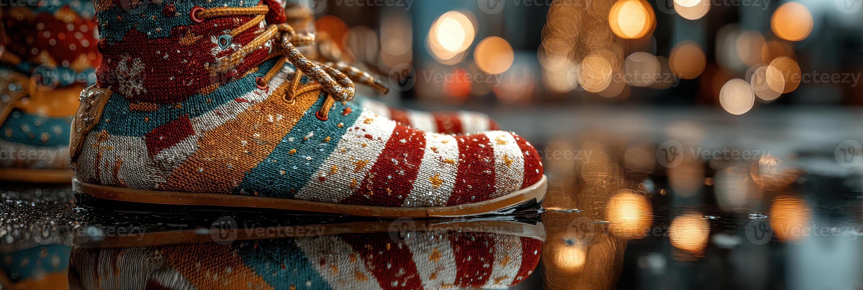 Colorful knitted boots reflect in puddles during a festive winter celebration downtown at night photo