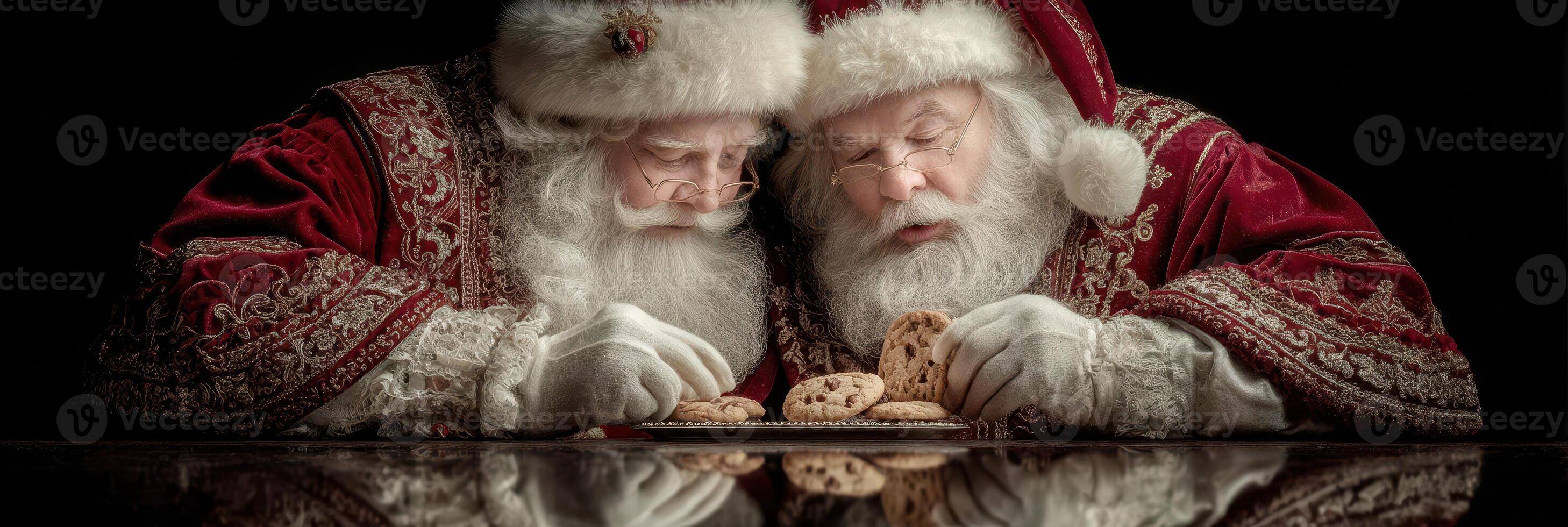 Two Santa Clauses enjoying cookies during a festive celebration at night photo