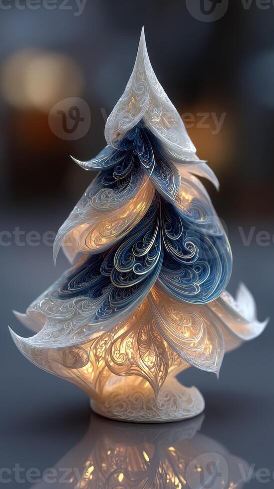 Elegant handmade paper art Christmas tree with intricate designs illuminated softly at night in a cozy setting photo