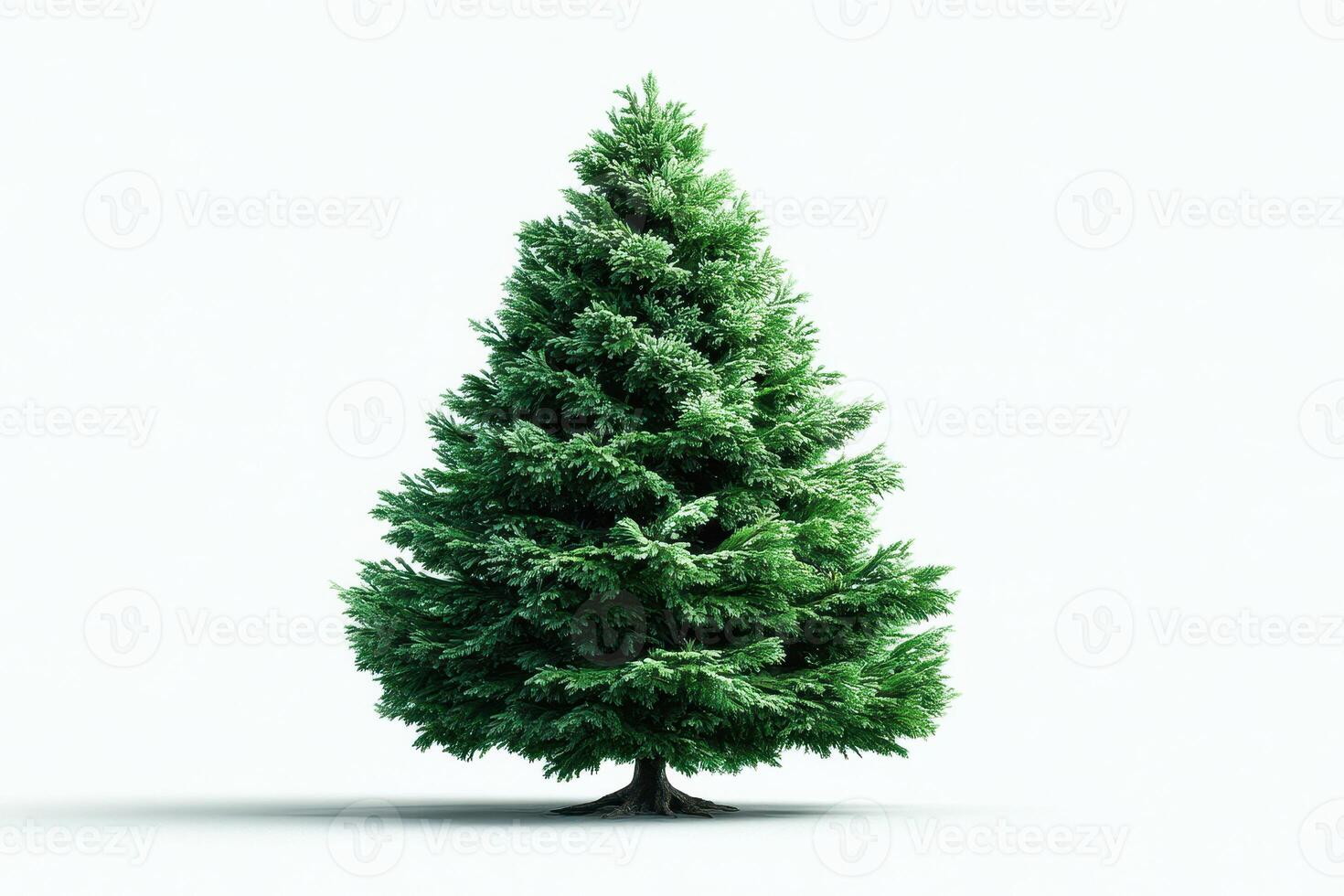 Green coniferous tree standing alone against a plain white background showcasing its lush needles and symmetrical shape photo