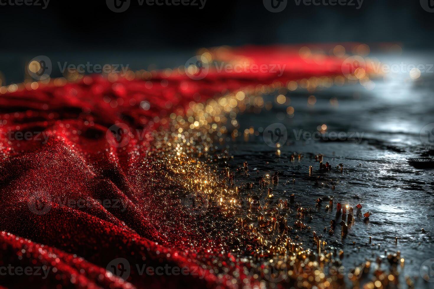 Sparkling red fabric on a dark surface with glimmers of light captured in a dramatic close-up photo