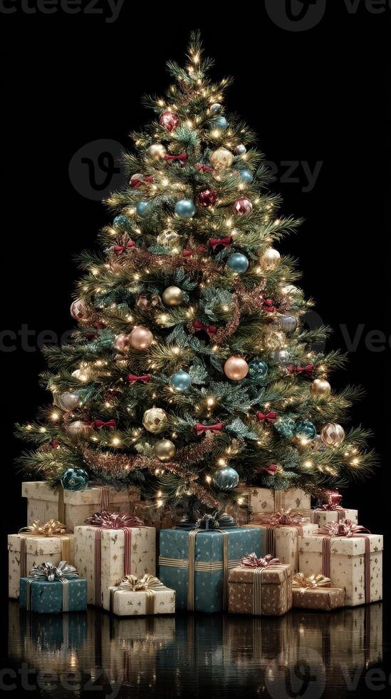 Christmas tree beautifully decorated with lights and ornaments surrounded by wrapped gifts photo