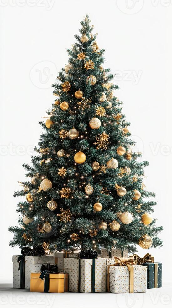Elegant Christmas tree decorated with golden ornaments and wrapped gifts, creating a festive atmosphere for the holiday season photo