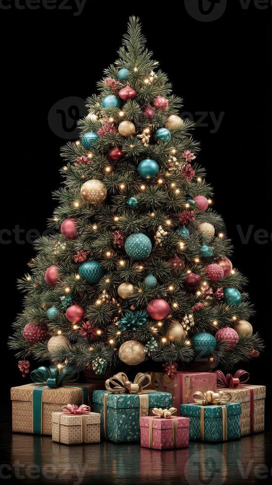 Colorful Christmas tree adorned with ornaments and surrounded by beautifully wrapped gifts in a festive ambiance photo