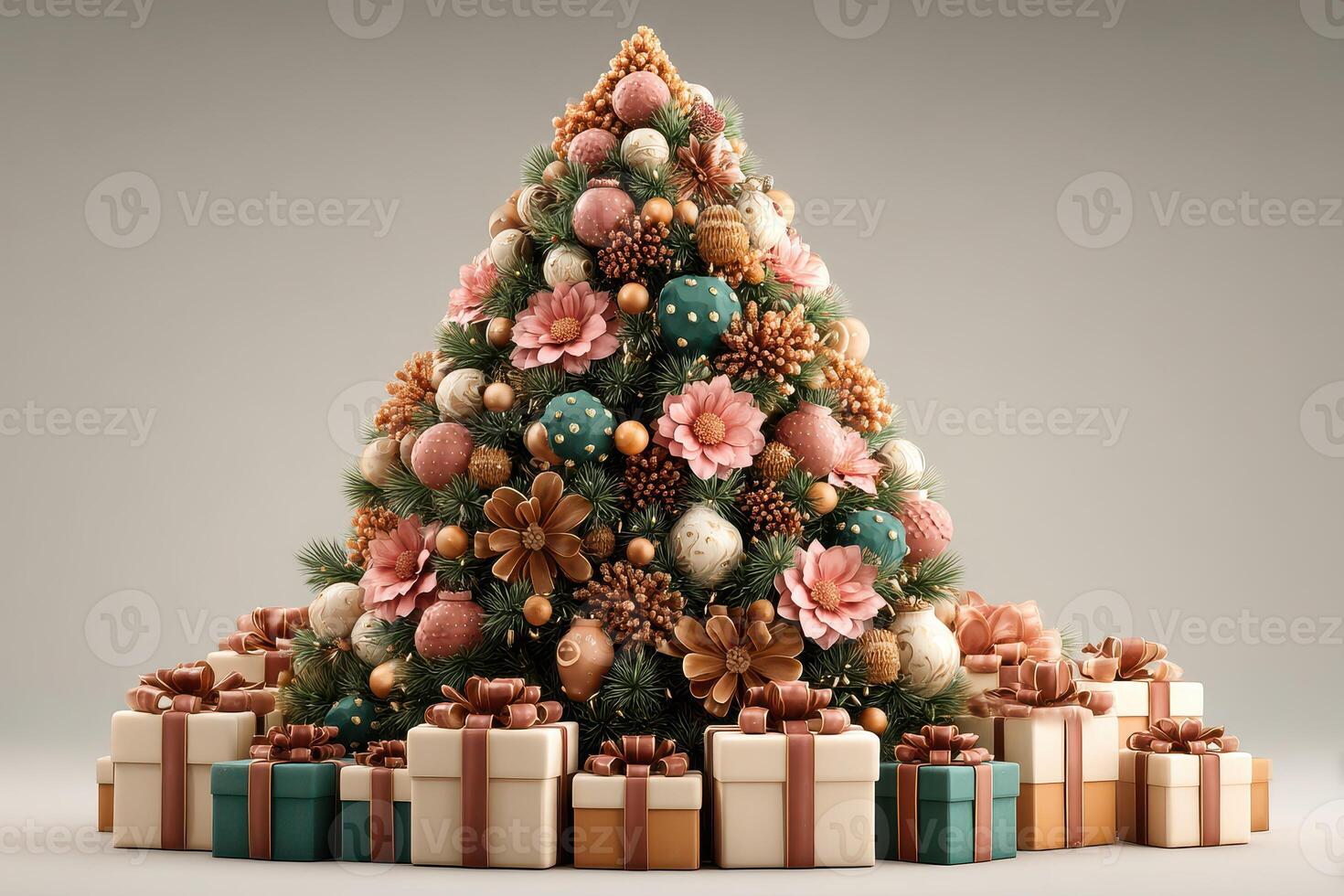 Colorful Christmas tree adorned with ornaments and gifts in festive arrangement photo