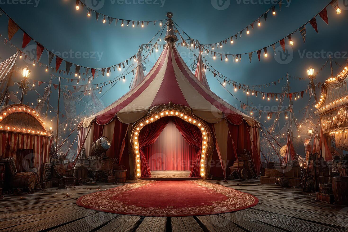 Colorful circus tent with lights and decorations set up for a nighttime performance photo