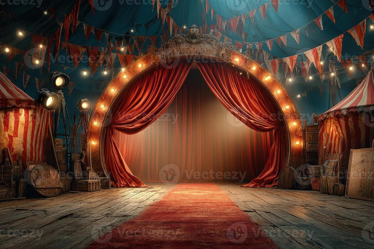 Red velvet curtain opens to reveal a vibrant circus stage filled with lights and decorations at night photo