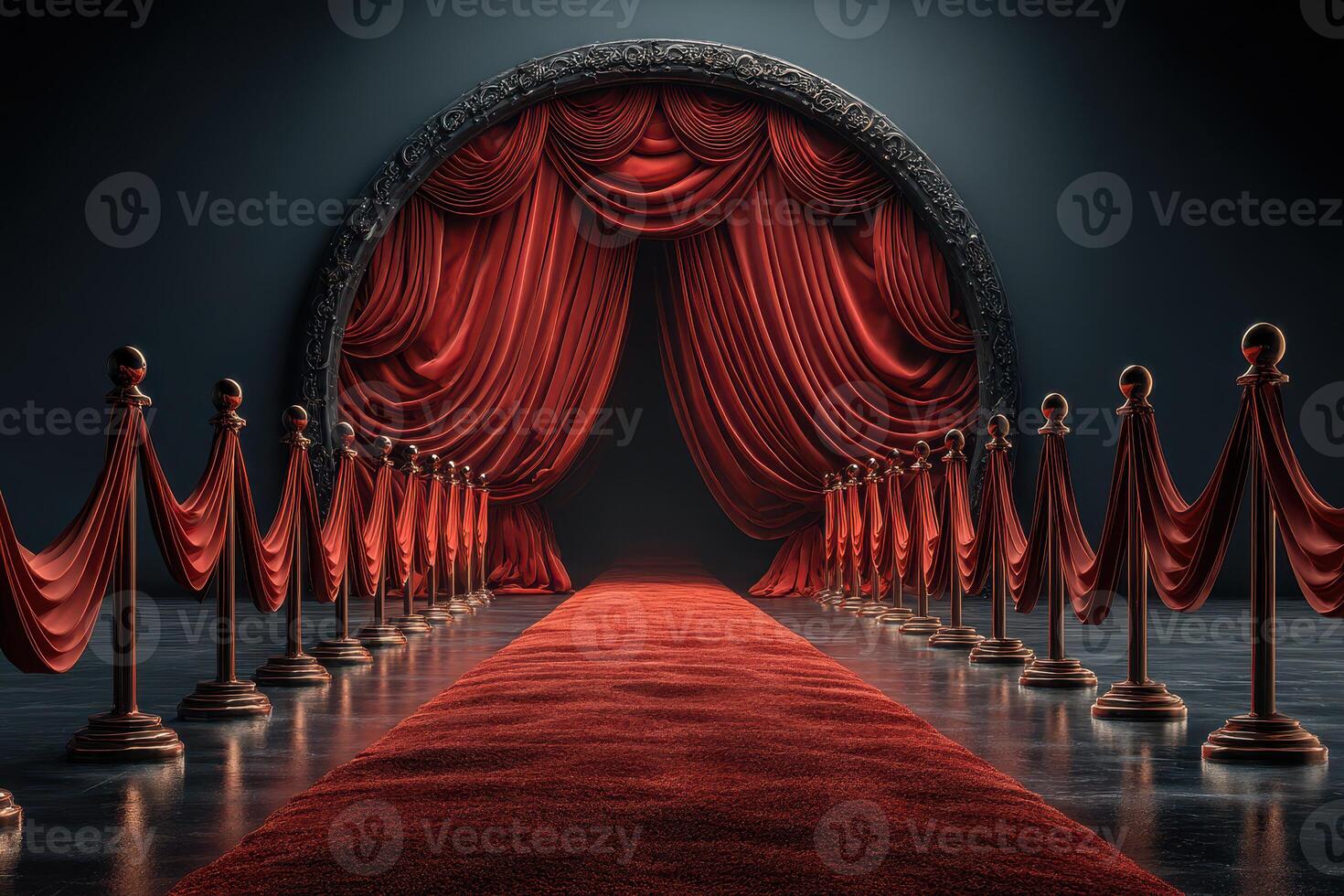 Elegant entrance with red velvet curtains and stanchions at a gala event setting in a dimly lit venue photo