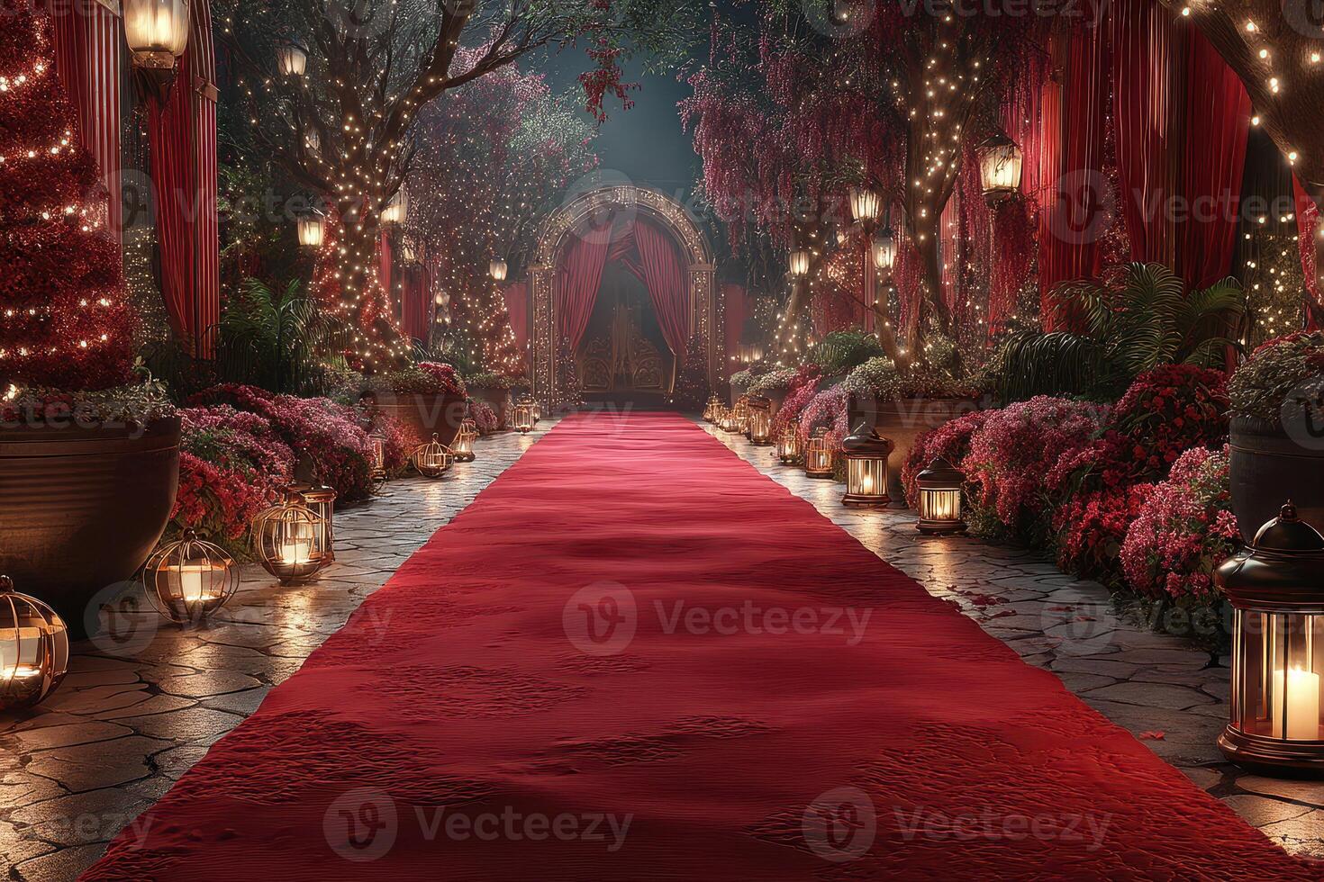 Elegant red carpet path lined with lanterns and flowers for a special evening event photo