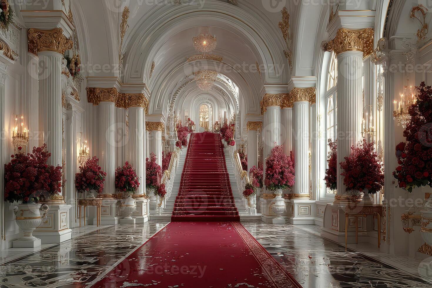 Grand staircase in an opulent hall adorned with floral arrangements and ornate decorations photo