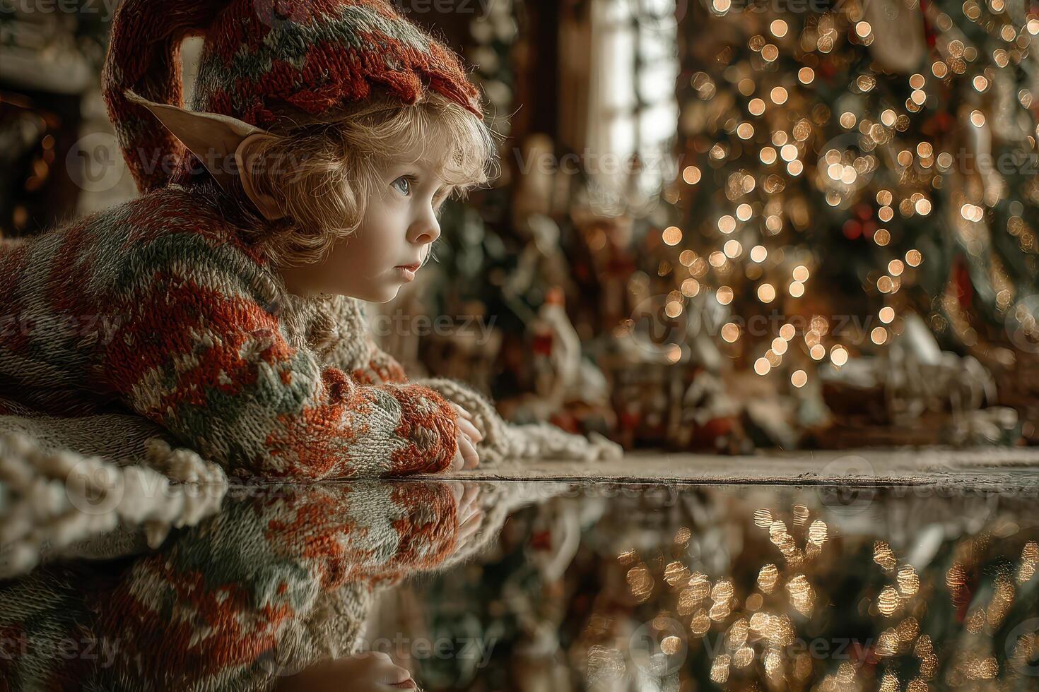 Child with elf ears gazes at Christmas tree in cozy indoor setting during holiday season photo