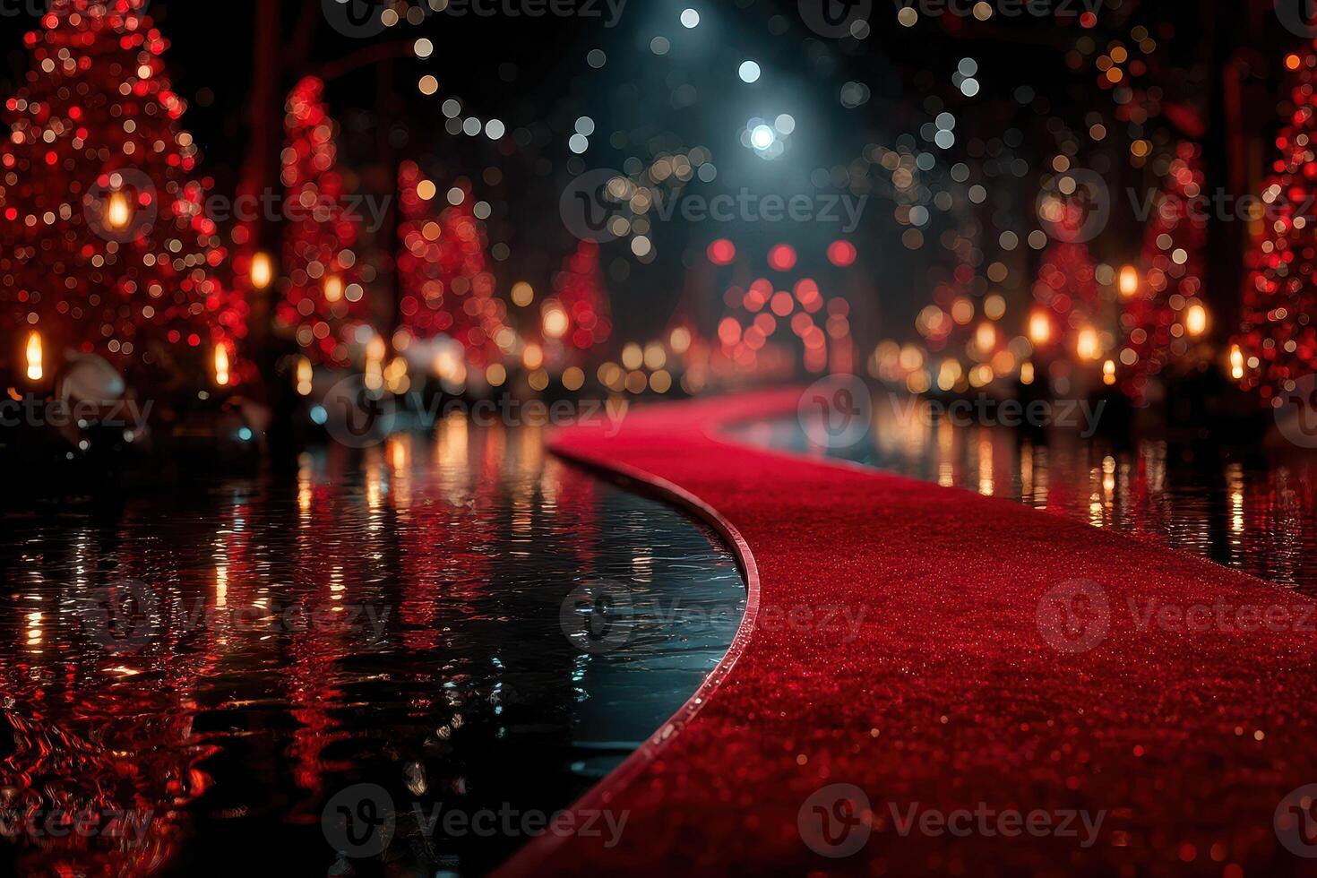 Red carpet leading through a festive forest with glowing trees and reflections in the water at night photo