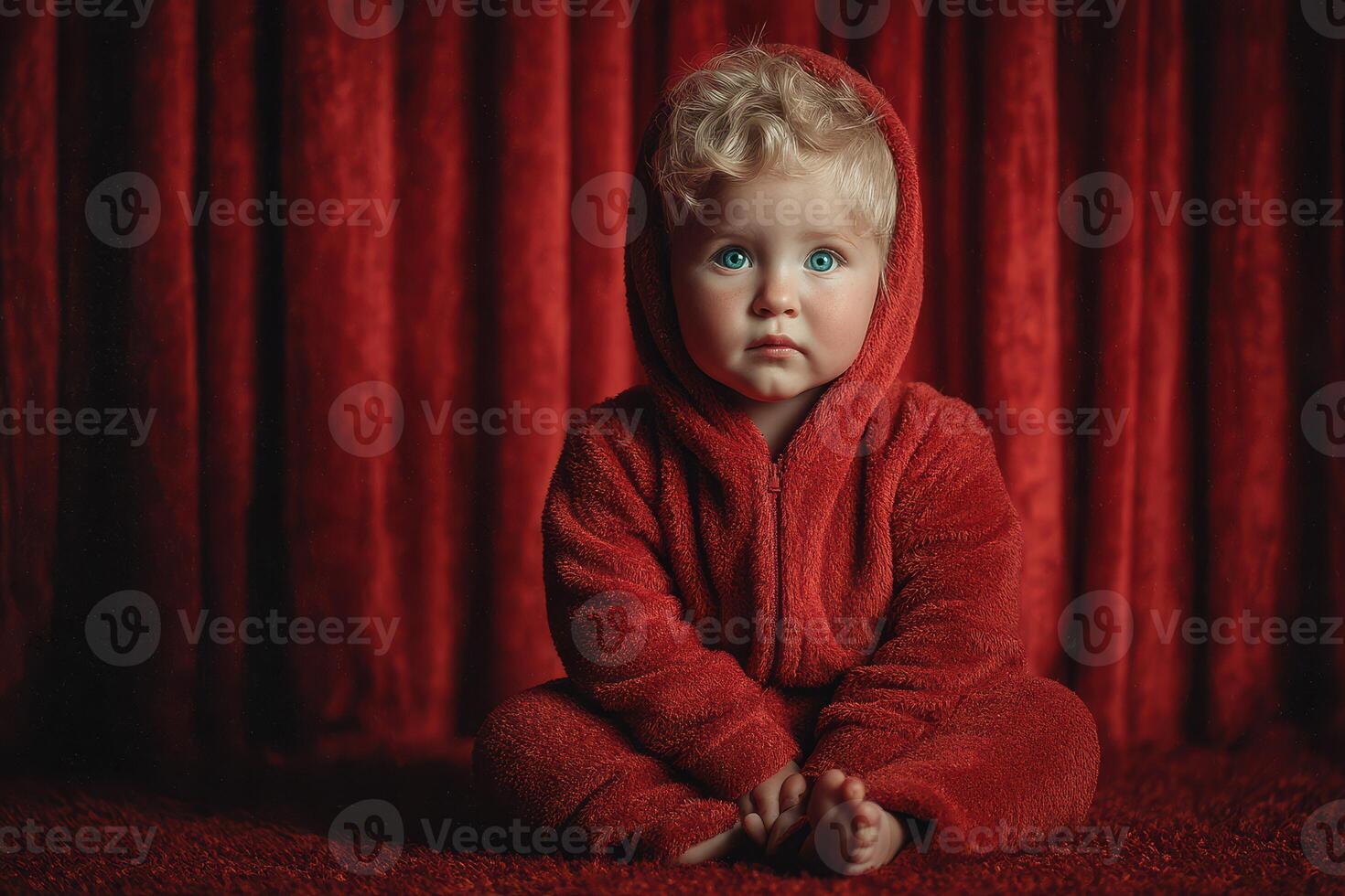 Young child in red hoodie sits on floor in front of rich red curtain, showcasing innocence and curiosity during indoor moment photo