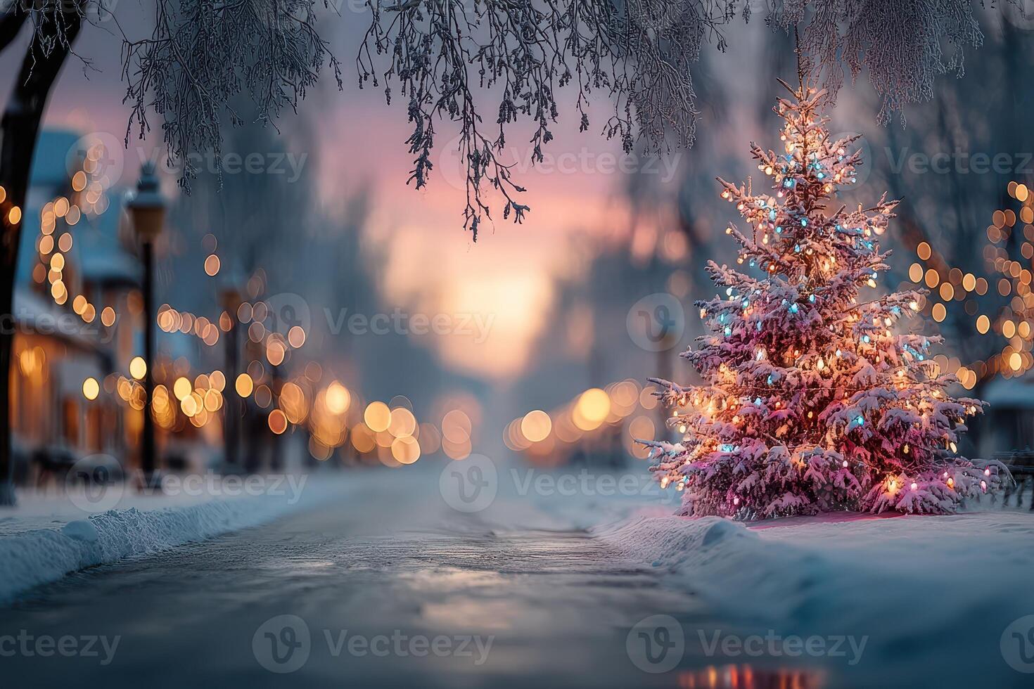 Winter evening street adorned with glowing Christmas lights and a decorated tree photo