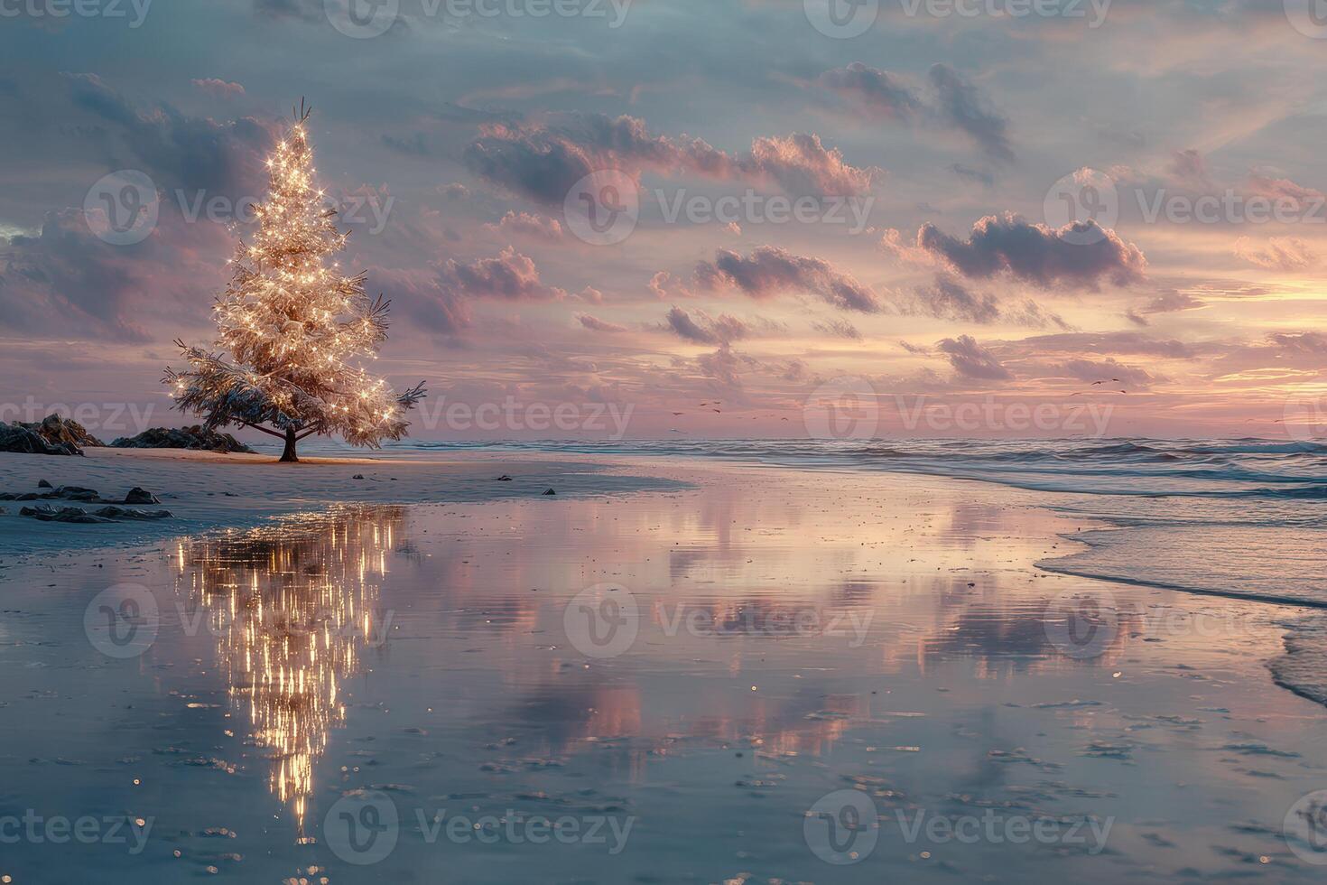 Unique Christmas tree on sandy beach at sunset reflecting in calm water photo