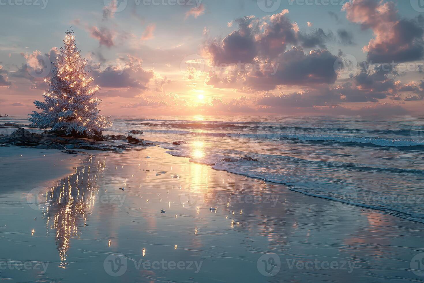 Winter tree by the beach during sunset with colorful clouds reflecting on the water photo