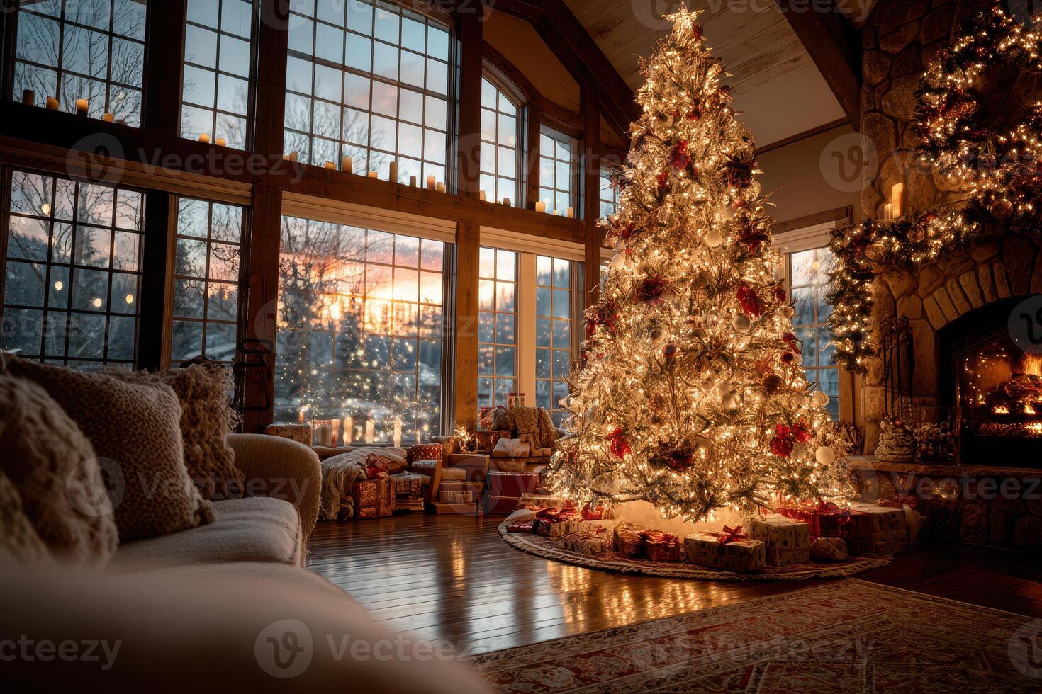 Warm and cozy living room during Christmas with a beautifully decorated tree and glowing fireplace at sunset photo