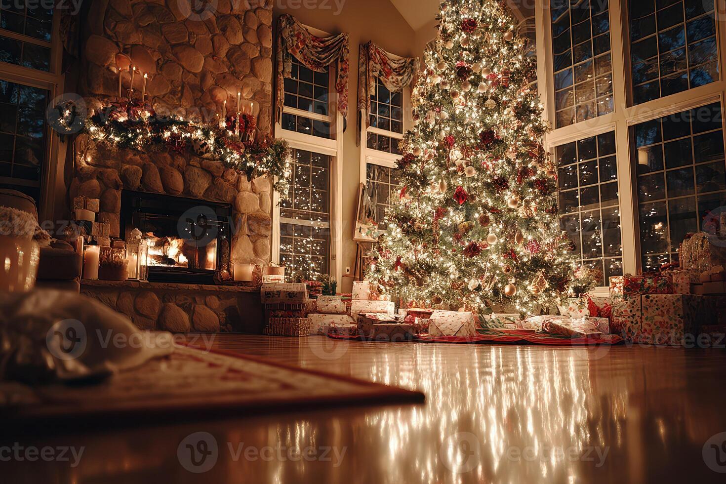 Cozy Christmas living room with a beautifully decorated tree and glowing fireplace in the evening glow photo
