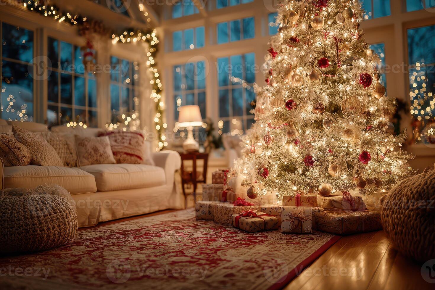 Festive living room decorated for Christmas with a beautifully lit tree and presents photo