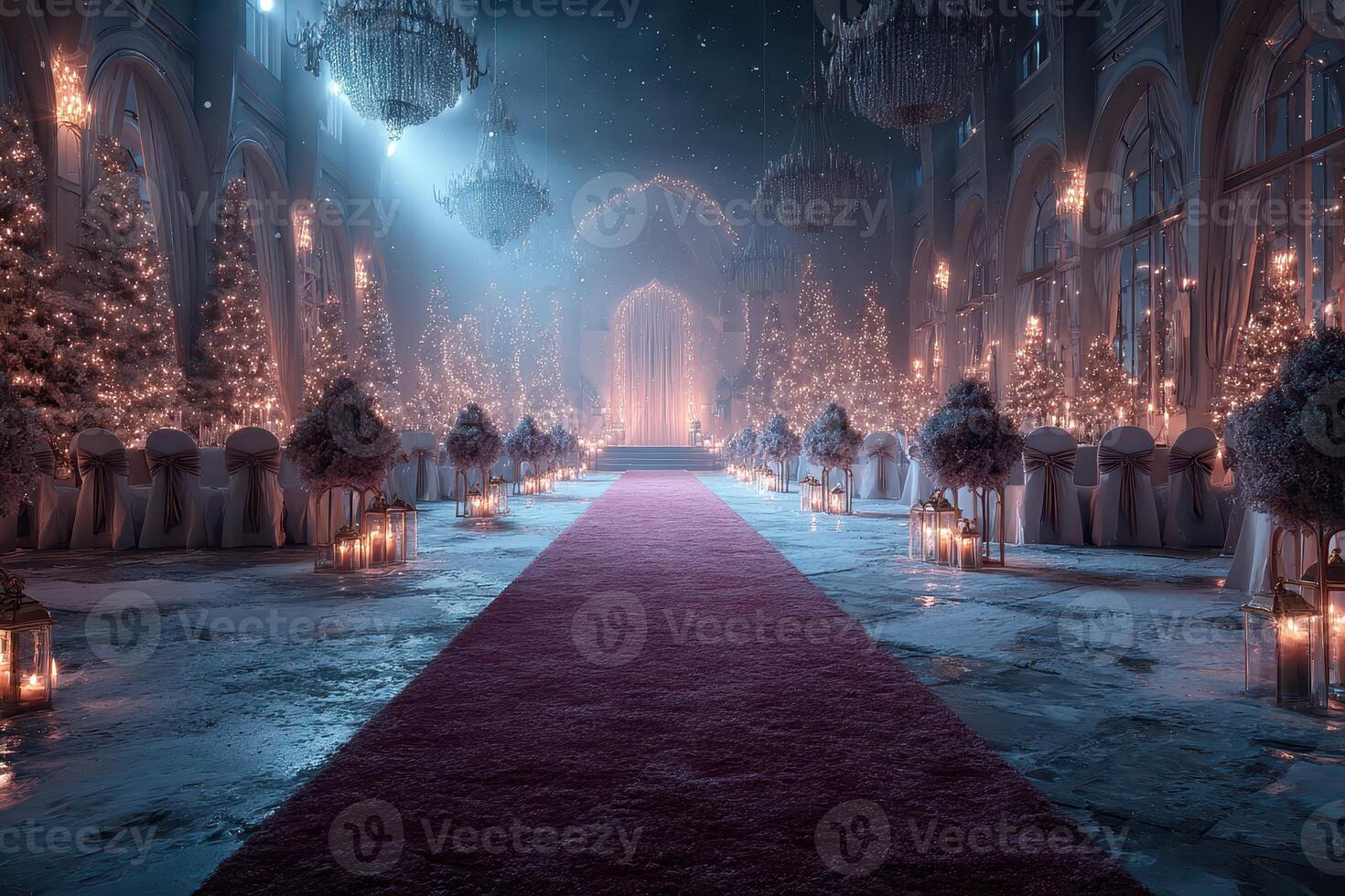 Elegant winter wedding ceremony setup in a beautifully decorated hall with twinkling lights and greenery photo