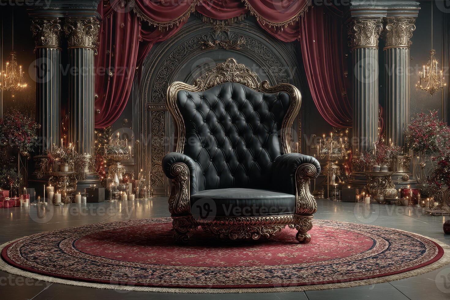 Luxurious black armchair in an ornate room with red curtains and decorative candles during evening hours photo