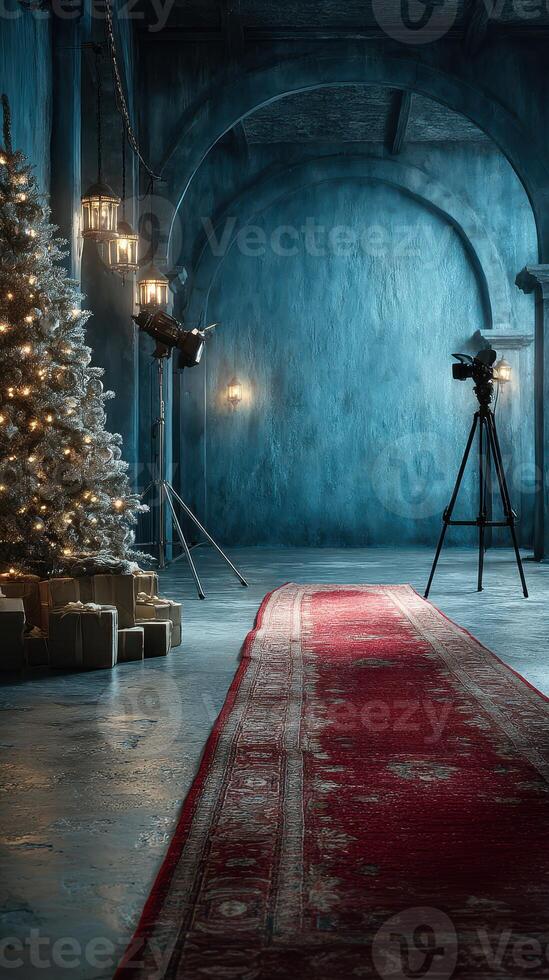 Festive winter scene with a decorated tree and professional lighting in a cozy blue-toned studio photo