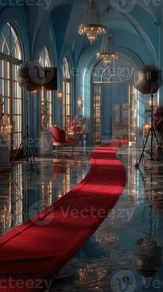 Elegant interior with red carpet and ornate decor in a grand hall during the afternoon light photo