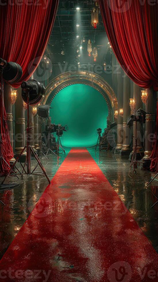 Elegant red carpet setup in a vintage-style theater with green backdrop and dramatic lighting photo