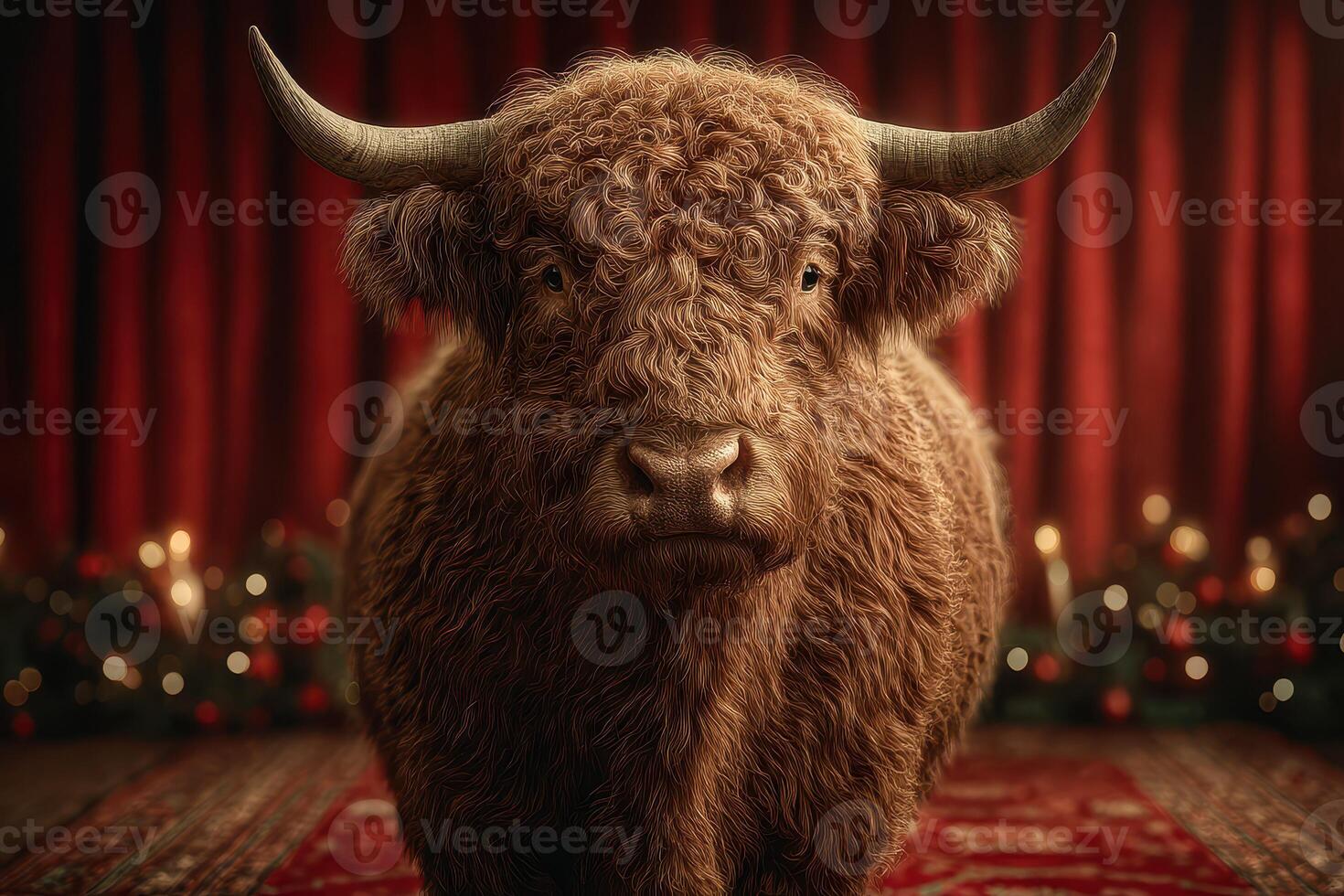 Curly-haired cow stands majestically in an elegantly decorated indoor space during a festive celebration photo