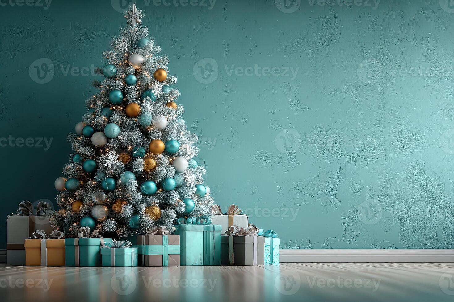 Decorated Christmas tree with gifts in turquoise themed setting during festive season photo