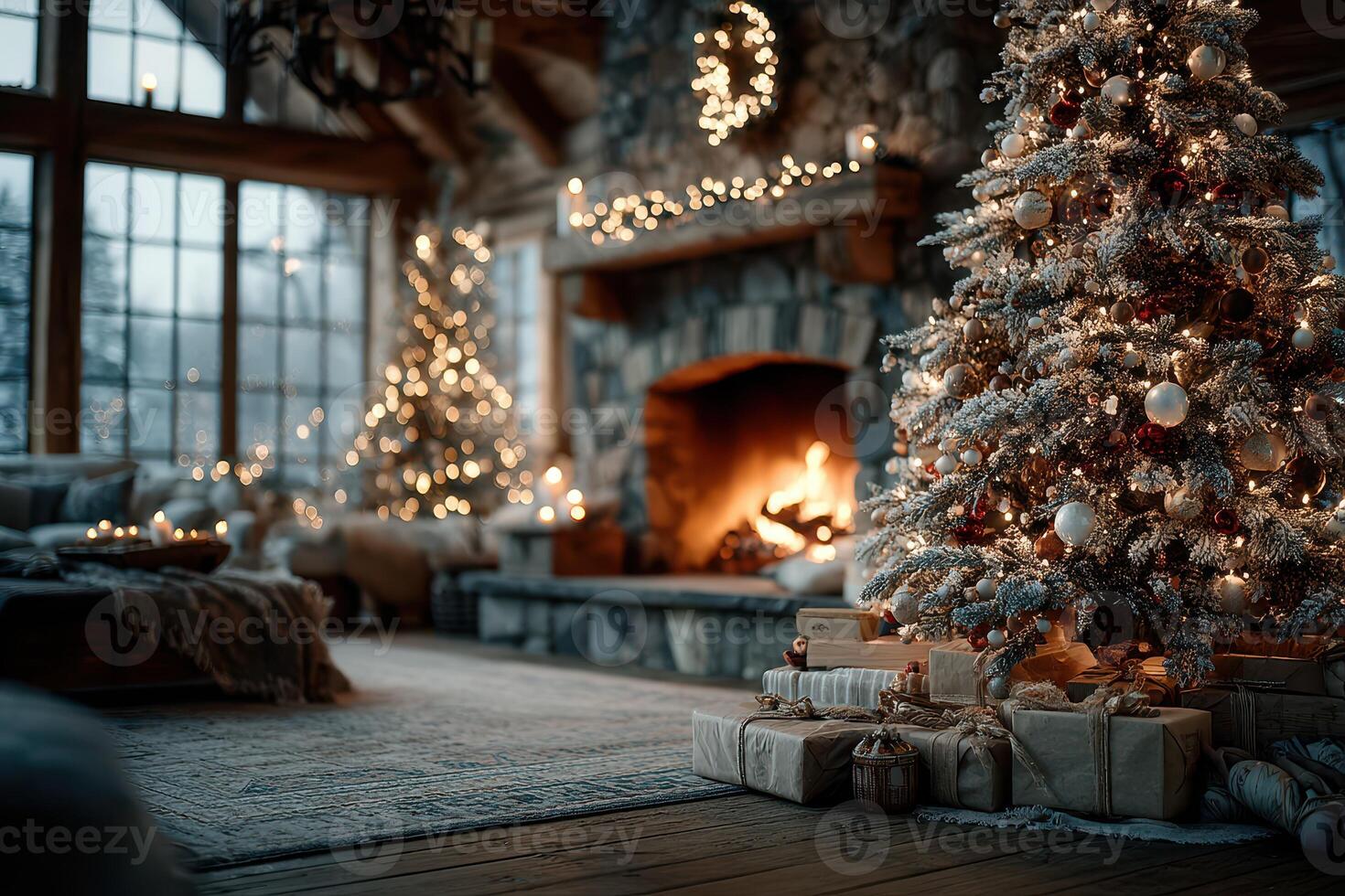 Cozy Christmas living room with decorated trees, fireplace, and festive atmosphere during winter evening photo