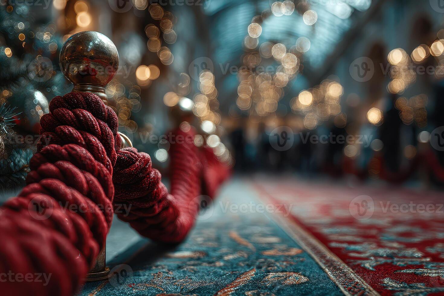Festive holiday decoration with red ropes and golden posts in a stylish indoor market space filled with lights photo