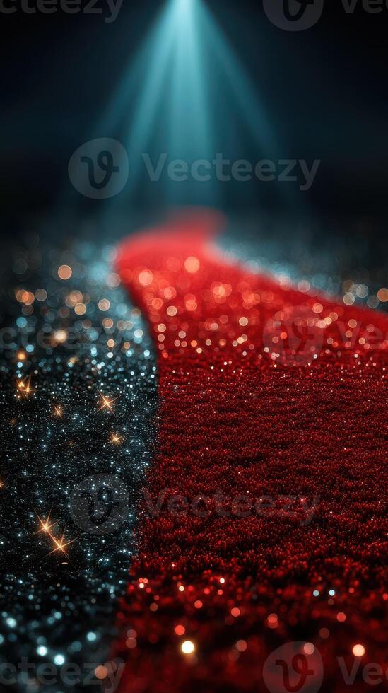Sparkling red carpet leads the way under dramatic lighting in a glamorous setting photo