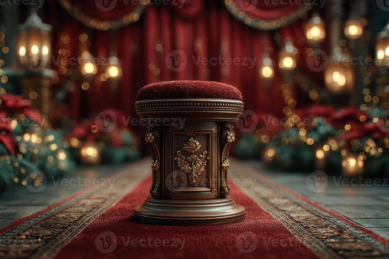 Elegant red velvet stool positioned on a luxurious carpet amidst festive decorations in an opulent indoor setting photo