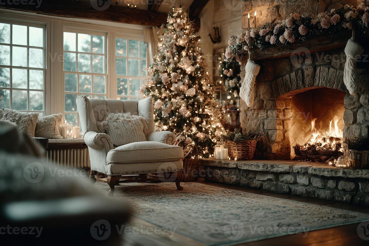 Cozy winter living room with fireplace, decorated Christmas tree, and soft lighting at dusk photo