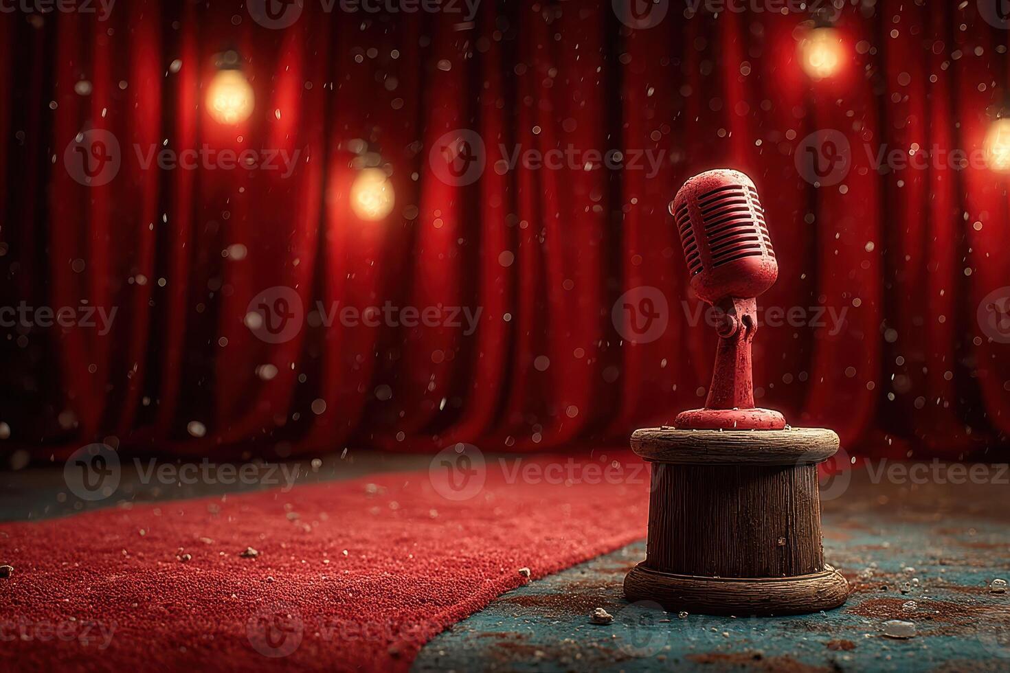 Vintage microphone stands on a red carpet under warm lights with curtains as a backdrop photo