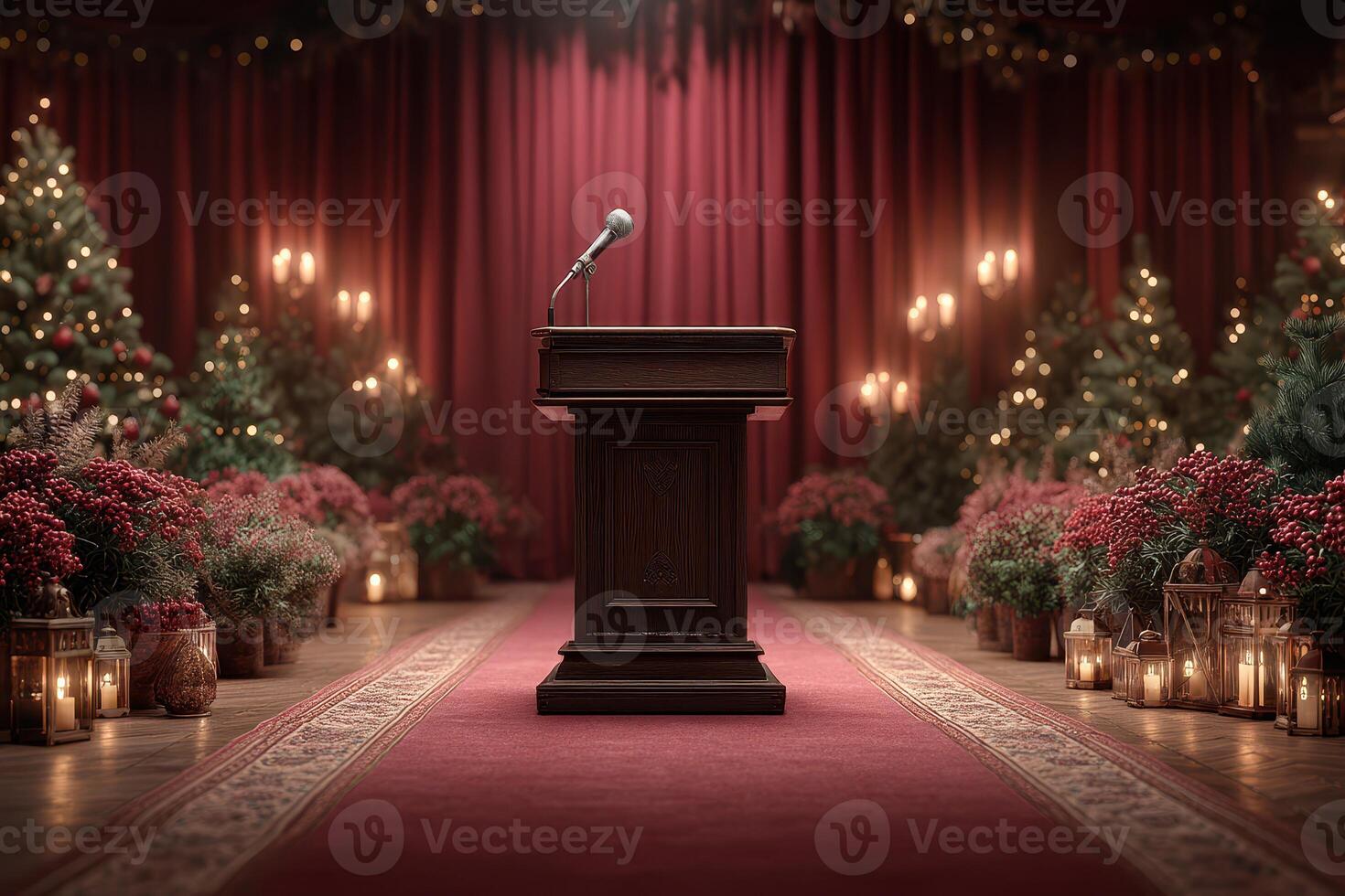 Festive stage setup with a microphone surrounded by holiday decorations and warm lights in a cozy venue photo